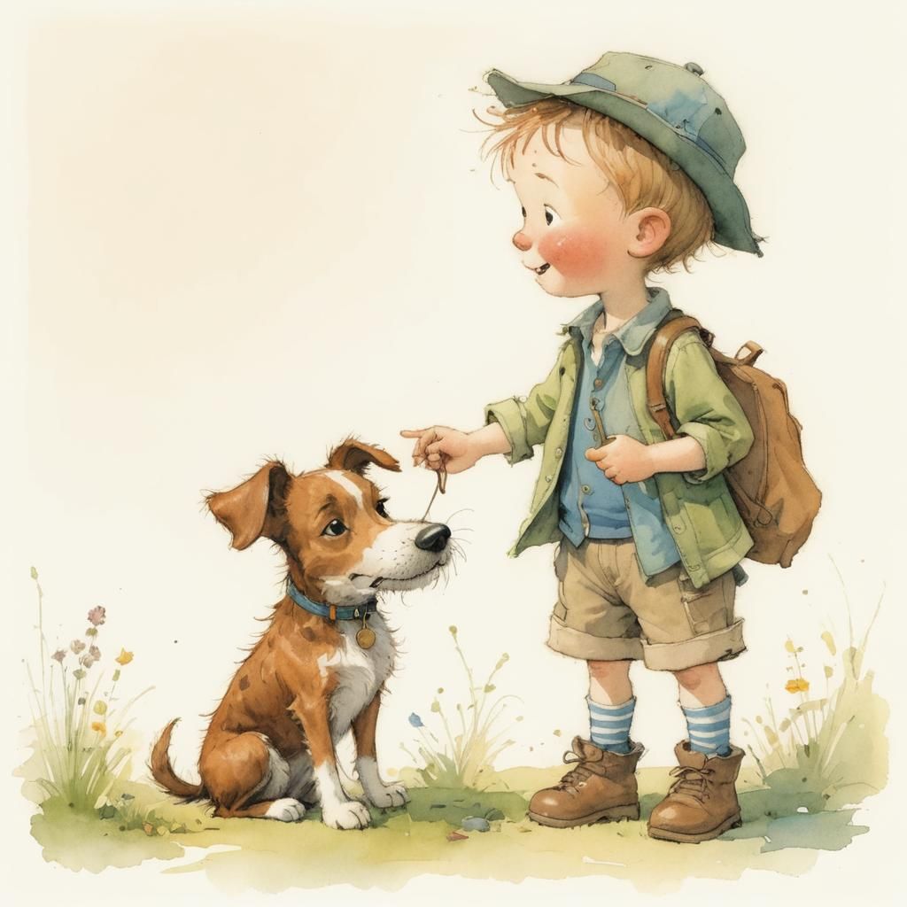 Toddler and Dog in Children's Book Style