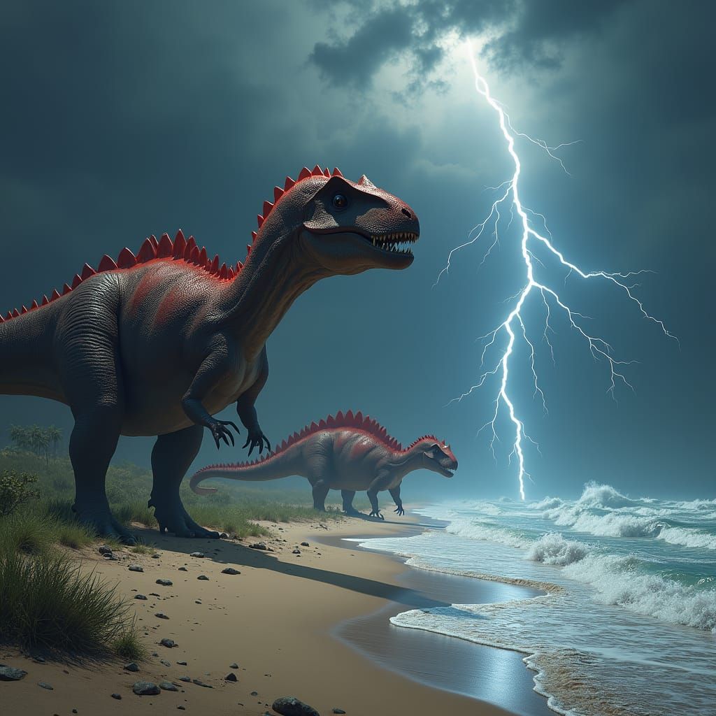 Dinosaurs on Stormy Shore: Detailed Matte Painting