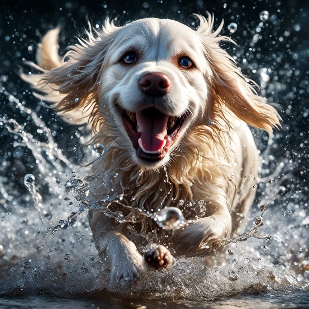 Joyful Labrador Retriever Runs Through Puddle