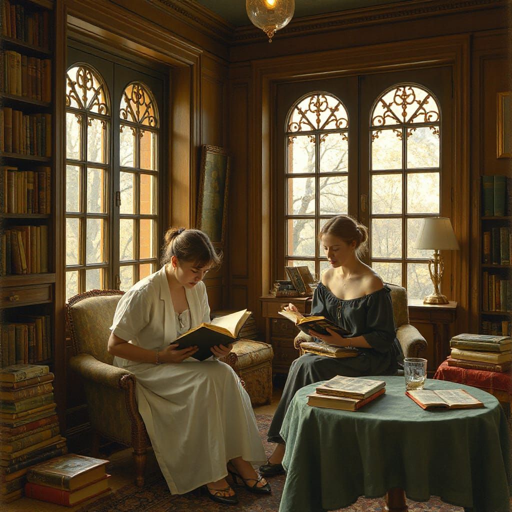 Women Reading in Library, Impressionist Style