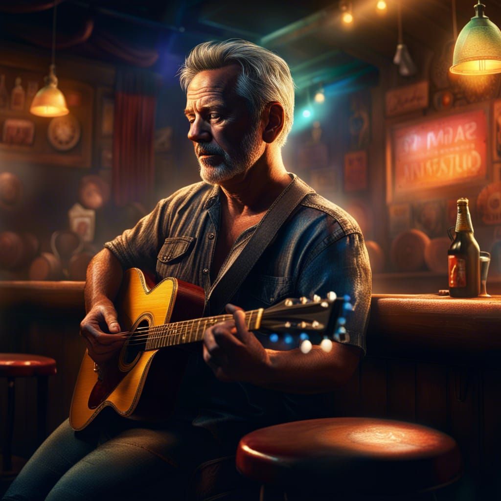 Guitarist on Stage in Dimly Lit Seaside Bar