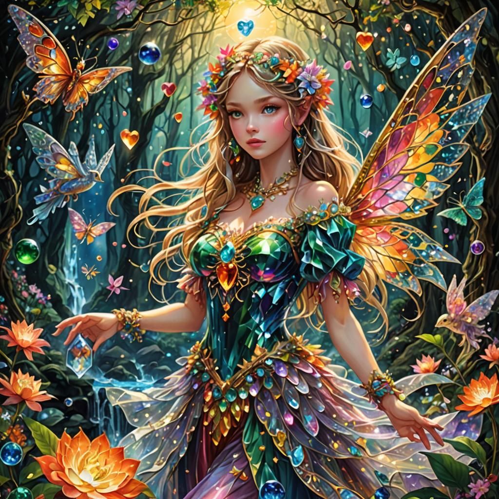 Crystal Fairy with Shattered Heart in Colorful Landscape