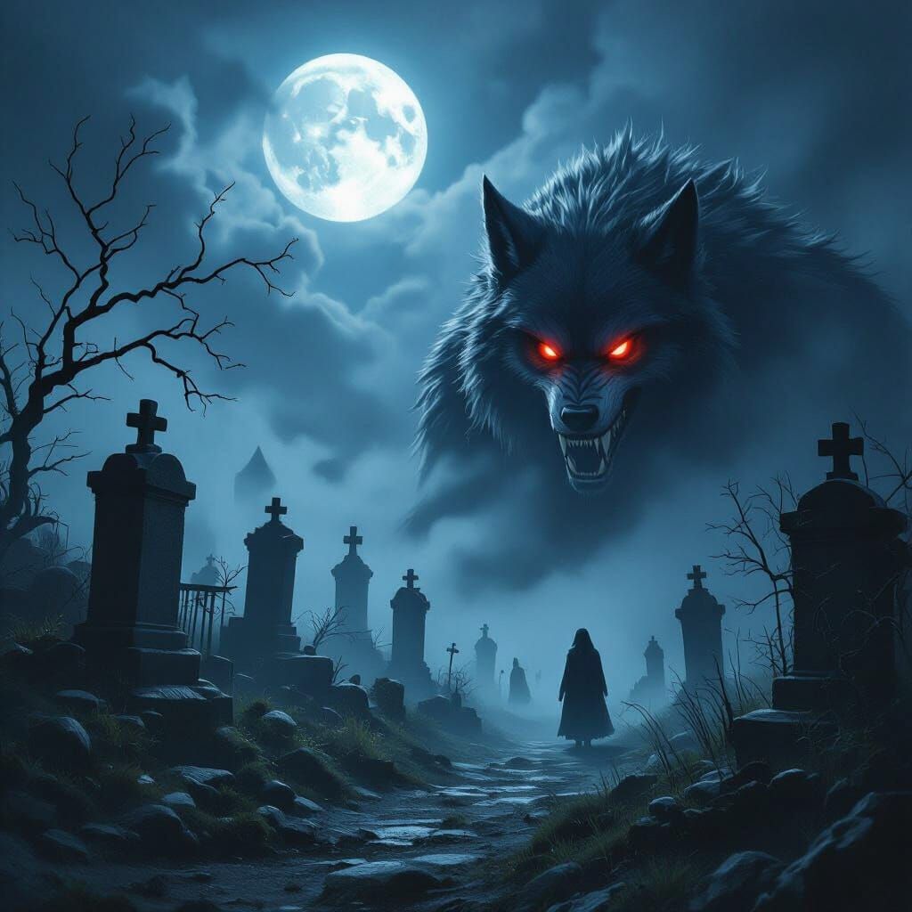 Ominous Graveyard with Werewolf in Matte Painting Style