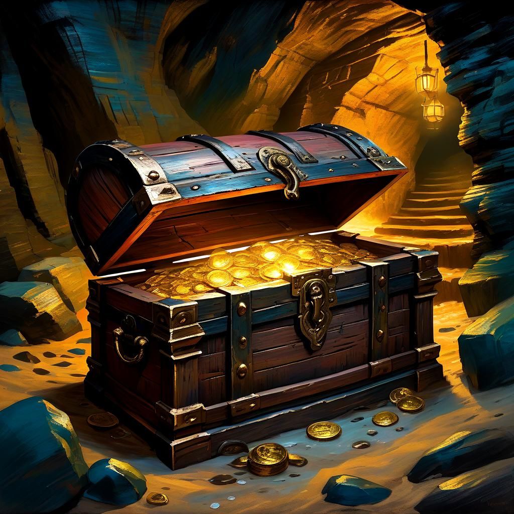 Pirate Treasure Chest in Cavern, Impasto Illustration