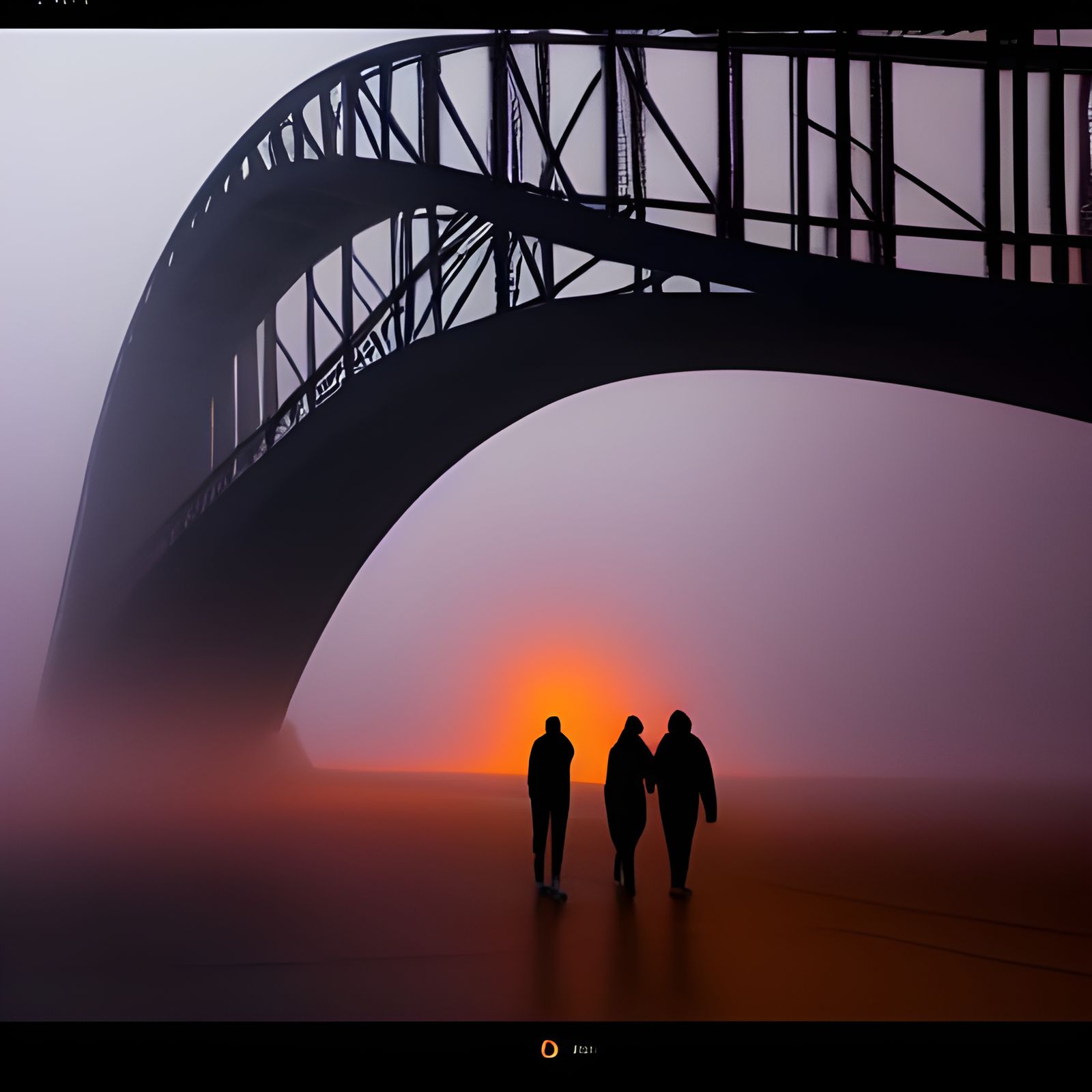 Steel Arch Bridge in Dense Fog at Sunrise