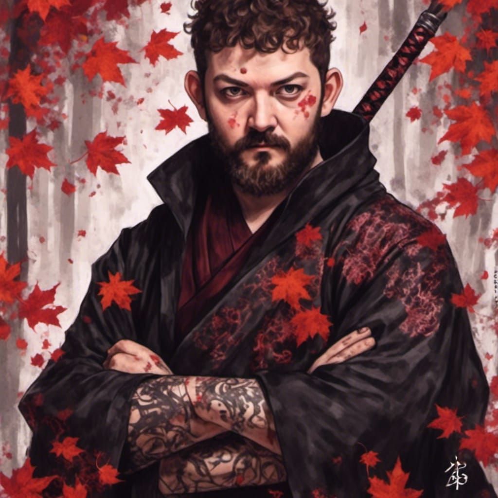 Samurai Portrait Amidst Autumn Leaves in Anime Style