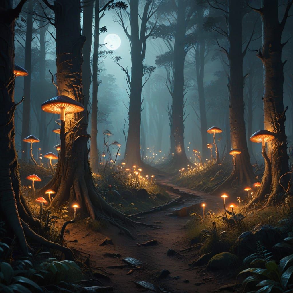 Mystical Forest Path with Luminescent Mushrooms