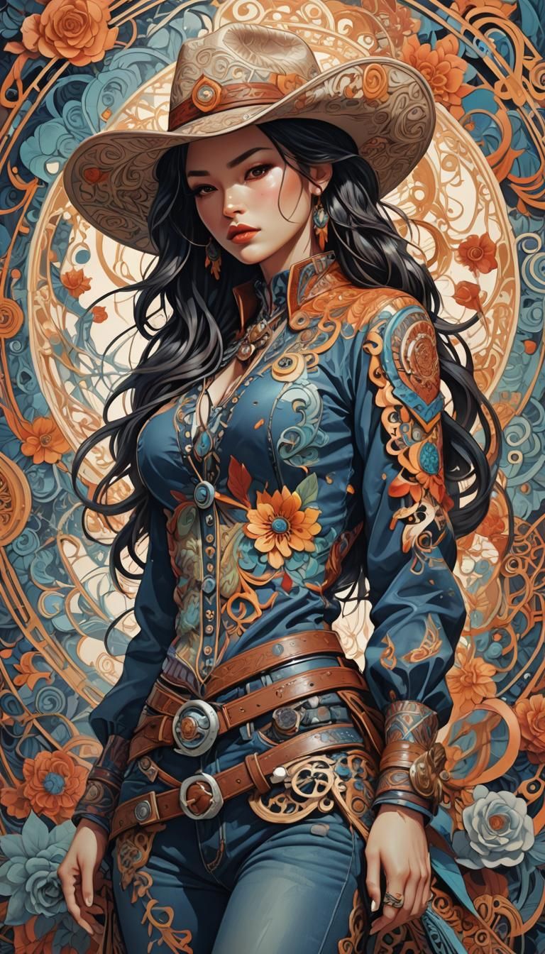 Beautiful Woman Cowboy in Zentangle Style
