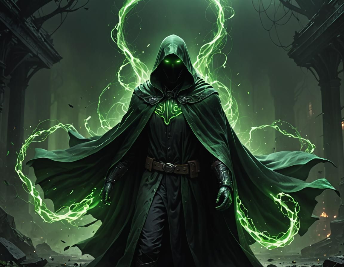 Faceless Entity Controlling Poison in Green Cloak