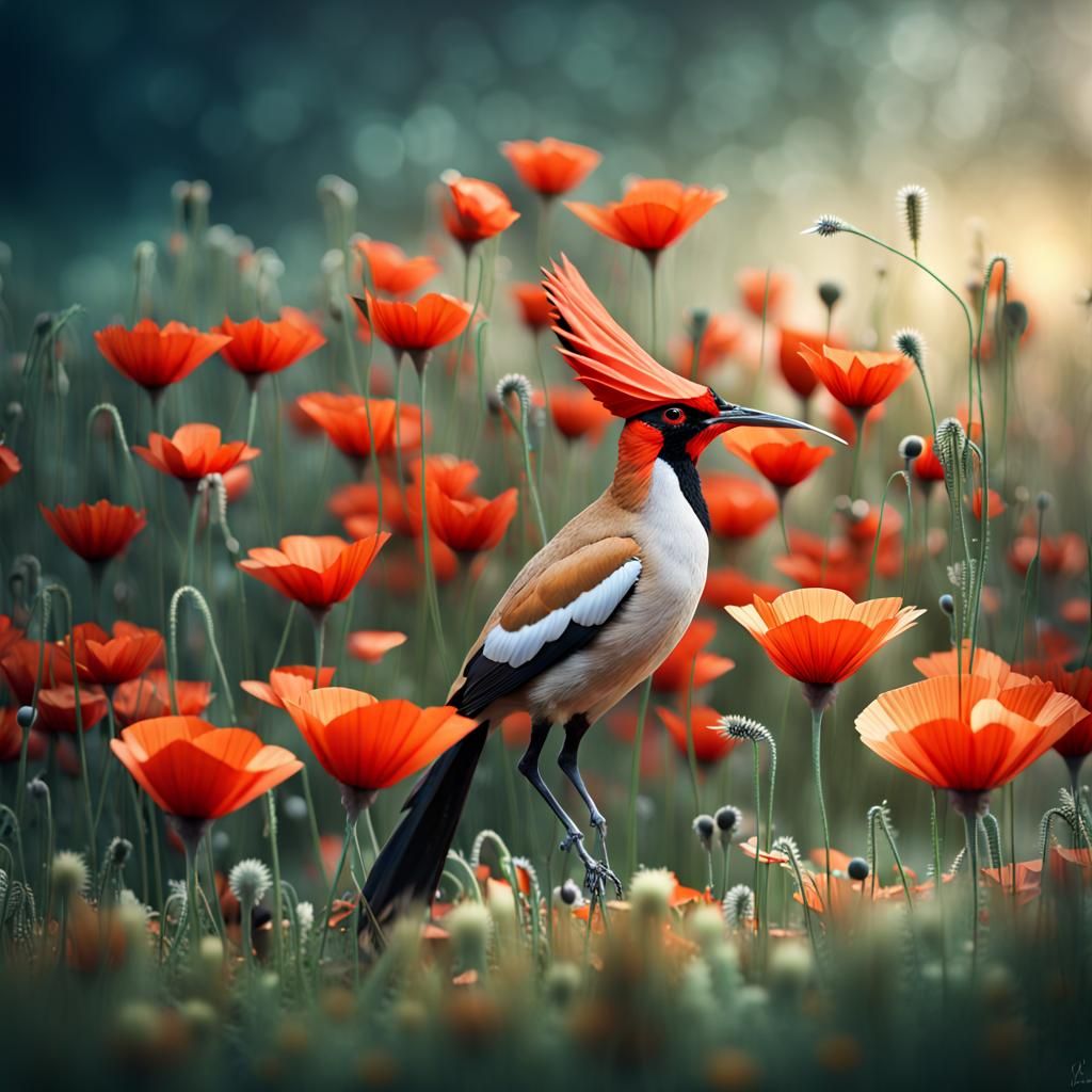 Hoopoes in Wild Poppies: Origami Papercraft Style