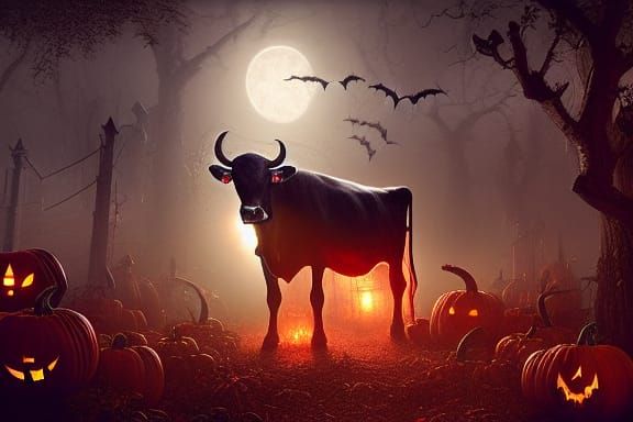 Halloween Demon Cow Graveyard Party, Digital Art