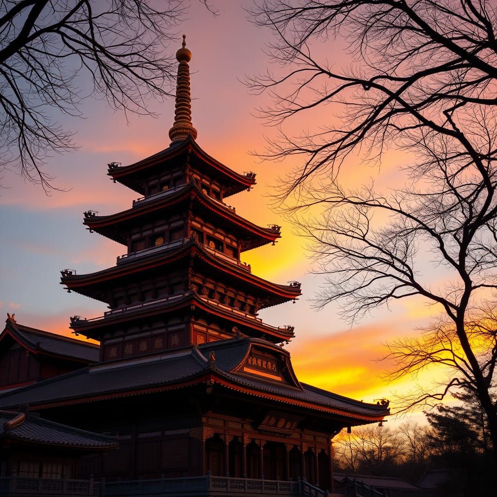 Traditional Asian Temple with Golden Pagoda Roof at Dusk