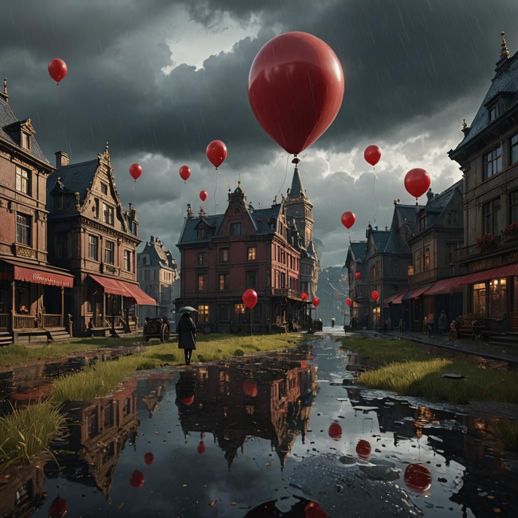 Gilded Age Rainy Landscape with Red Balloon