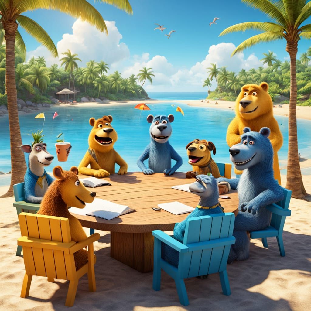 Anthropomorphic Animals Meeting on Tropical Beach in Pixar S...