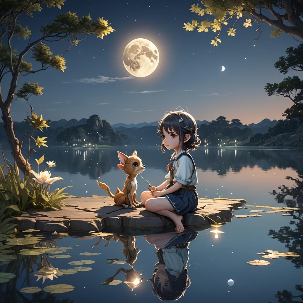 Chibi Fae Gazing at Moon Reflection, 3D Anime Art