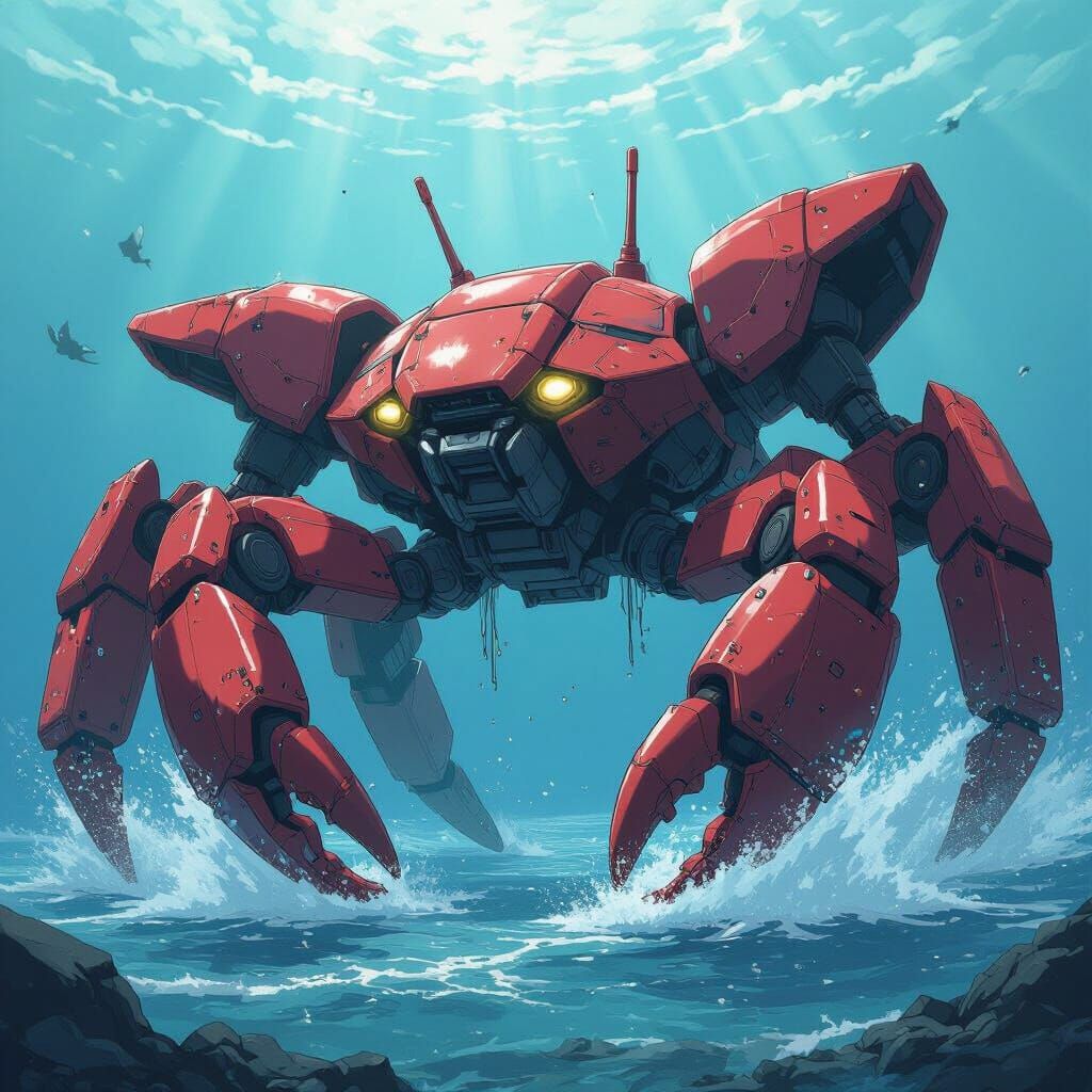 Giant Armored Crab Mech Rises From Ocean Depths