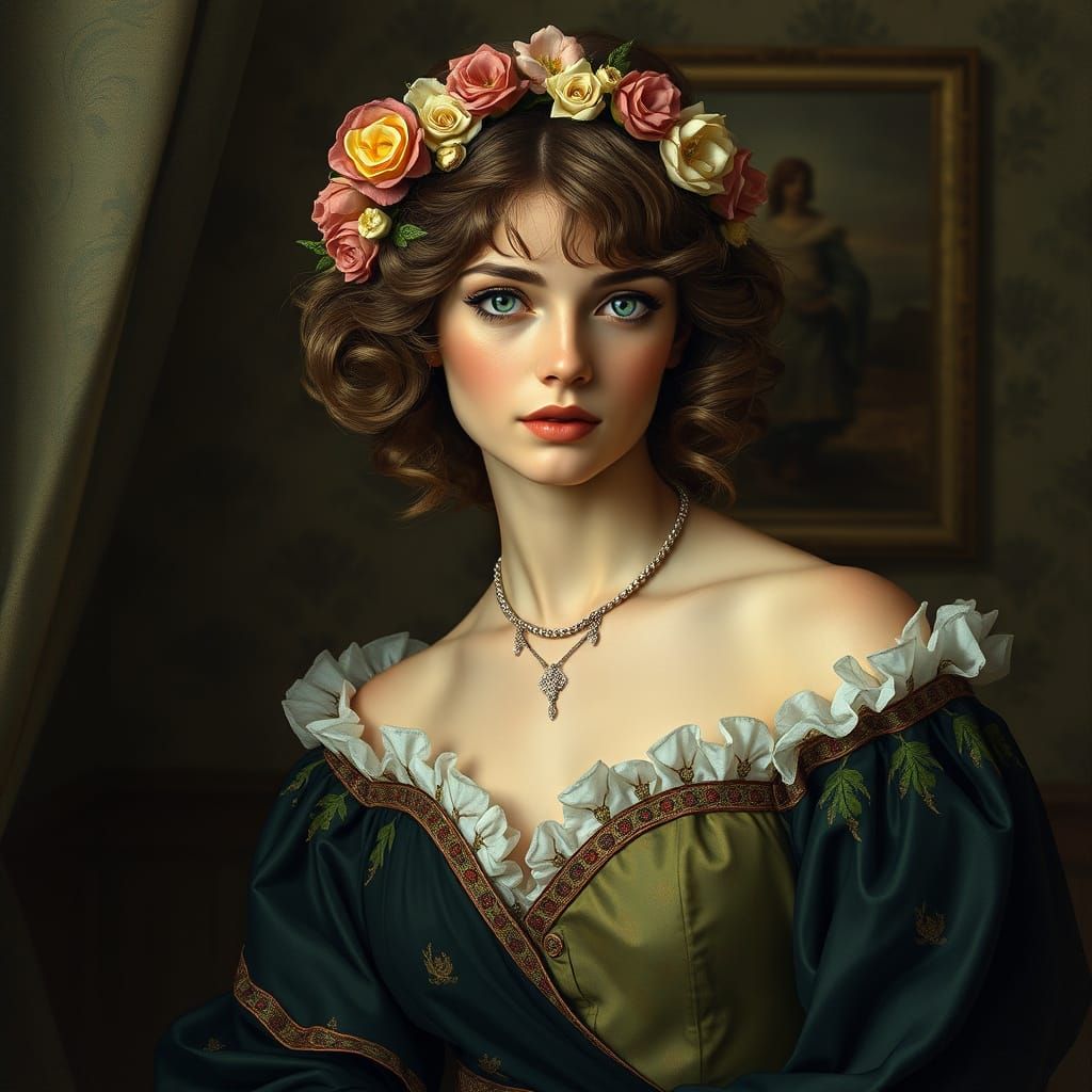 Greek Goddess with Cherry Hair and Green Eyes in Classical S...