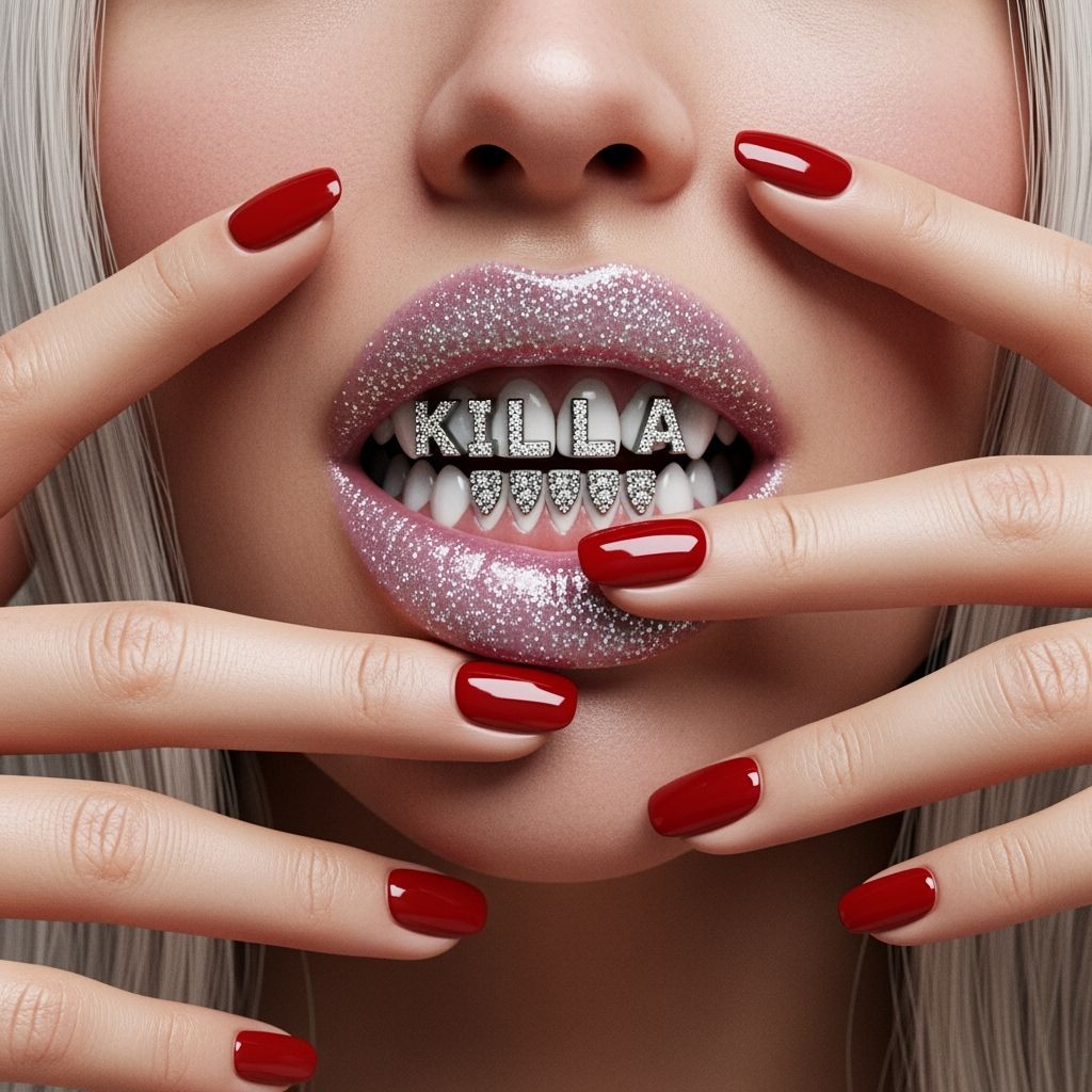 Photorealistic Spanish Woman with Glitter Lips and Diamond G...