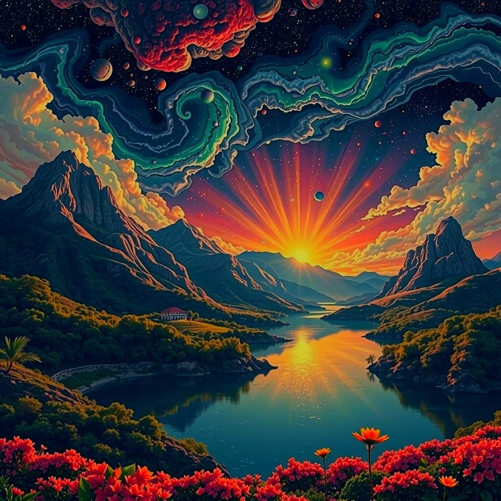 Fertile Landscapes Merge with Iridescent Mountains and Nebul...