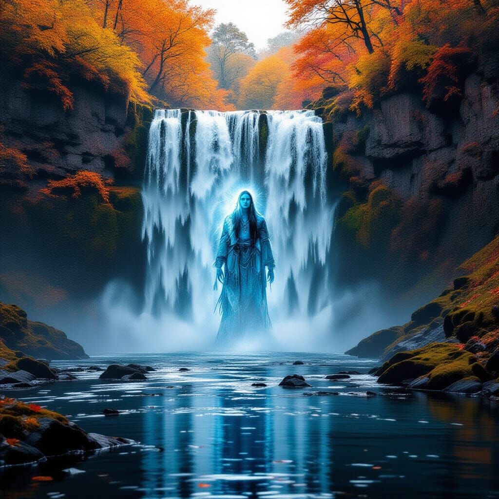 Autumn Waterfall With Ethereal Native American Spirit