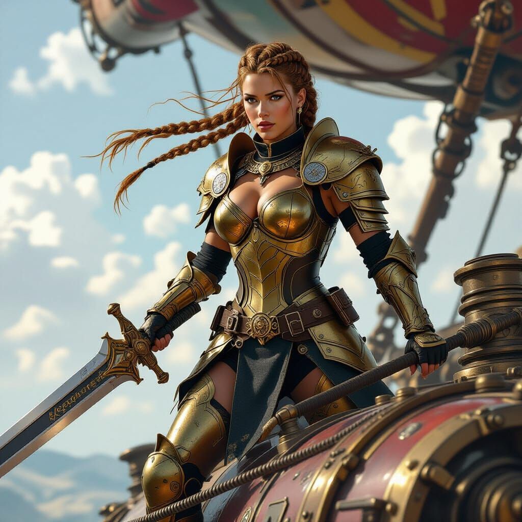 Valkyrie Warrior on Steampunk Airship in Gritty Realism