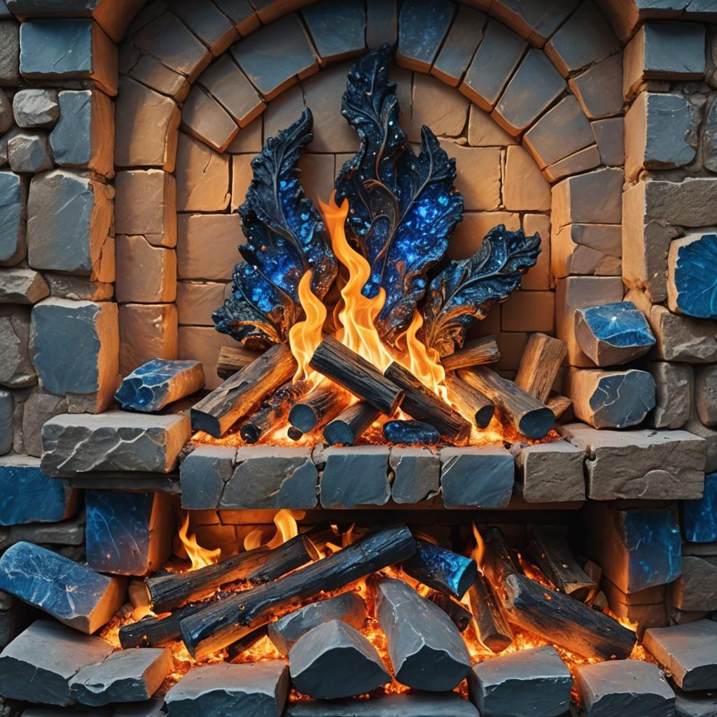 Ornate Fireplace with Sparkling Fire: Fantasy Art
