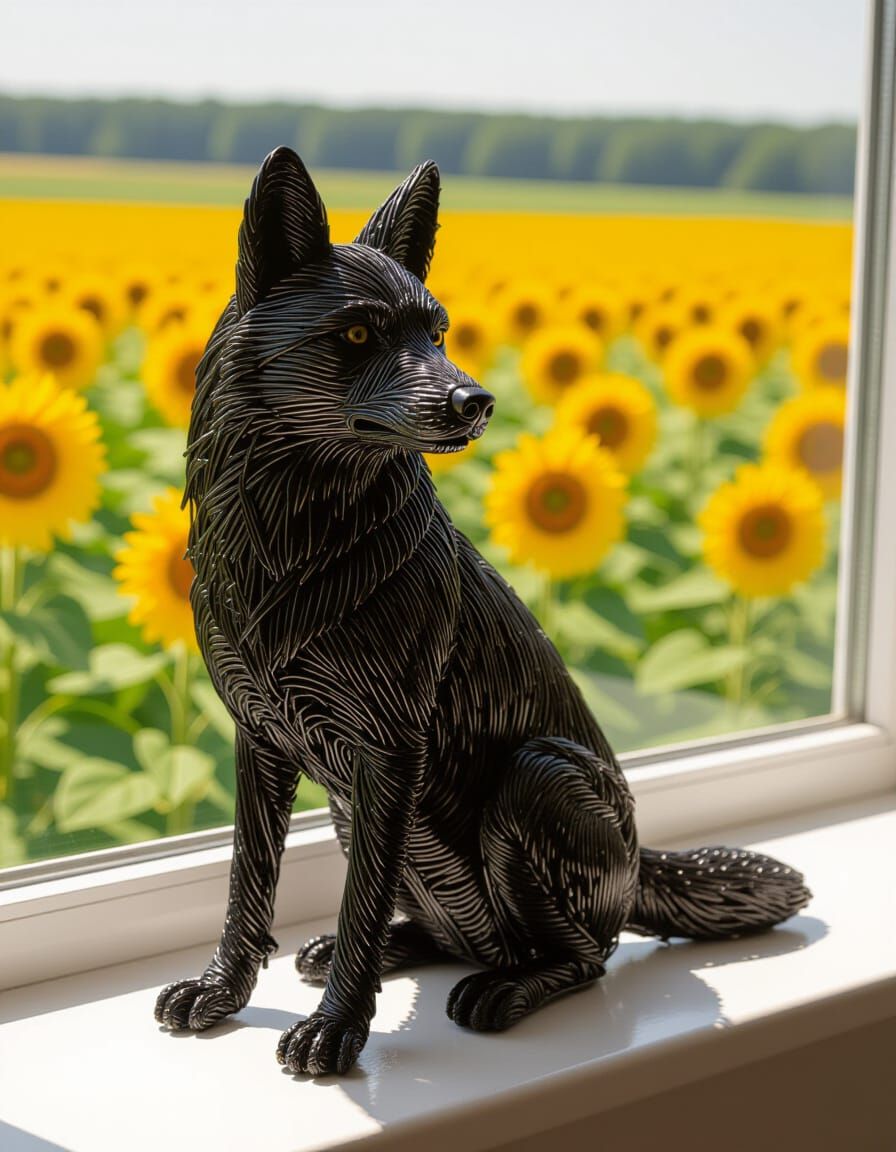 Wire Wolf Figurine Overlooking Sunflower Field