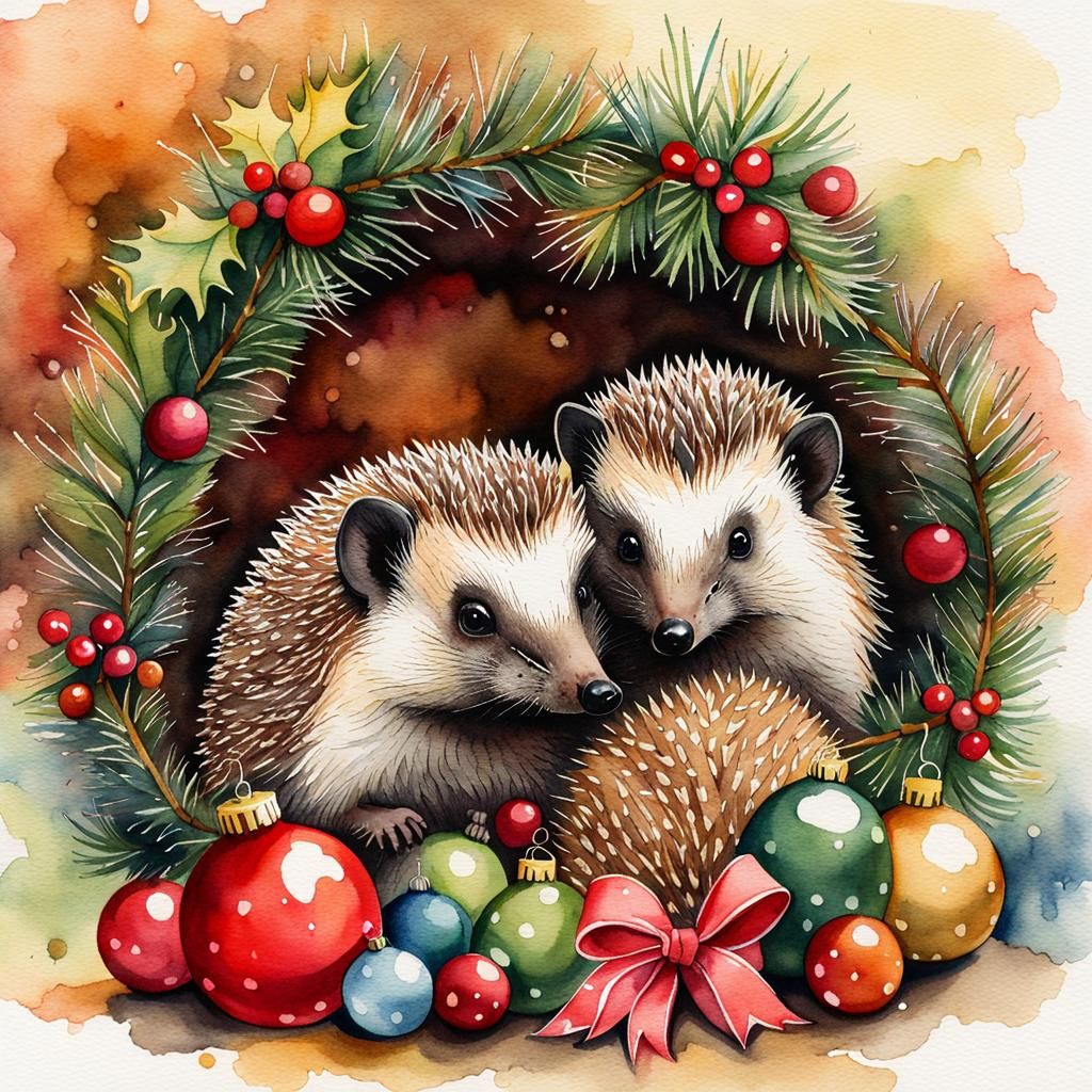 Hedgehogs Celebrate Christmas: Watercolor and Ink Illustrati...