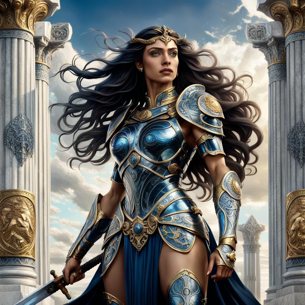 lustración de Atenea diosa griega como Pin Up Girl, postura majestuosa y fuerte. Cabello largo, ondulado y oscuro, ojos ...