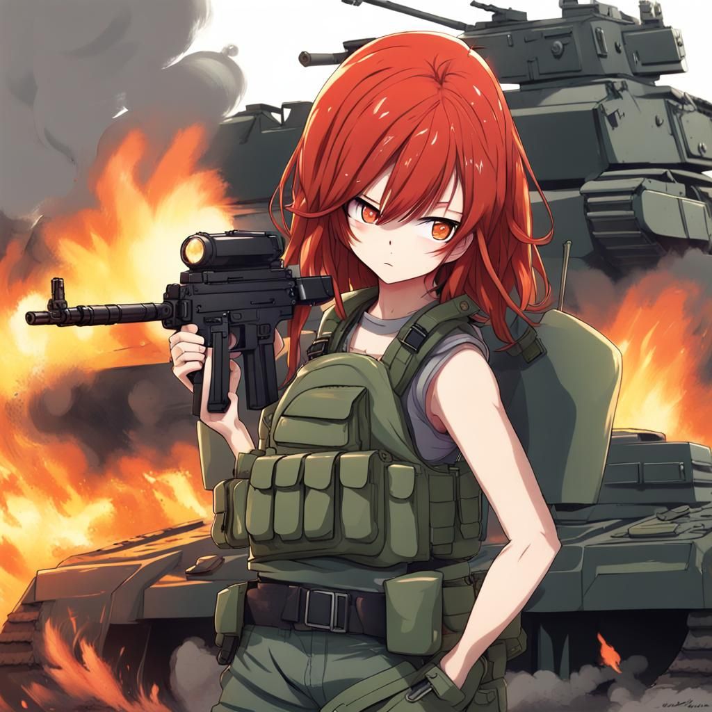 Anime Girl Warrior in Fiery Battlefield