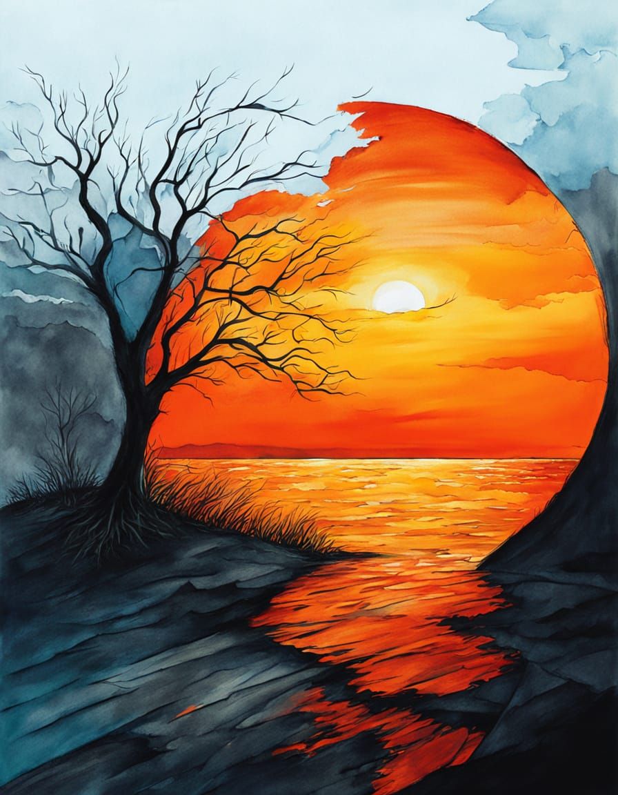 Surreal Sunset Tree in Watercolor and Oil