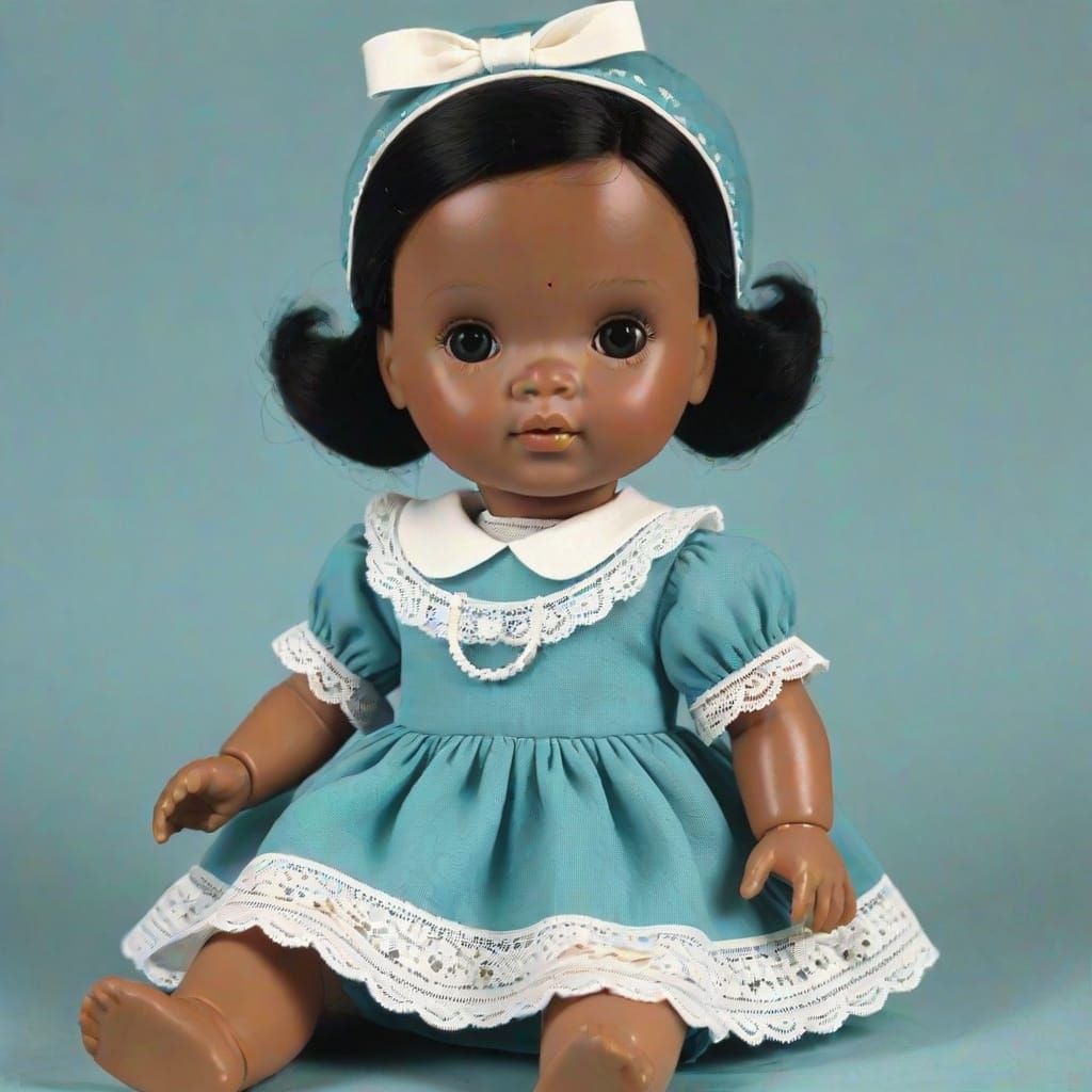 1964 Vogue baby doll, dark skin, black hair, rosy cheeks, wearing an infant dress.
