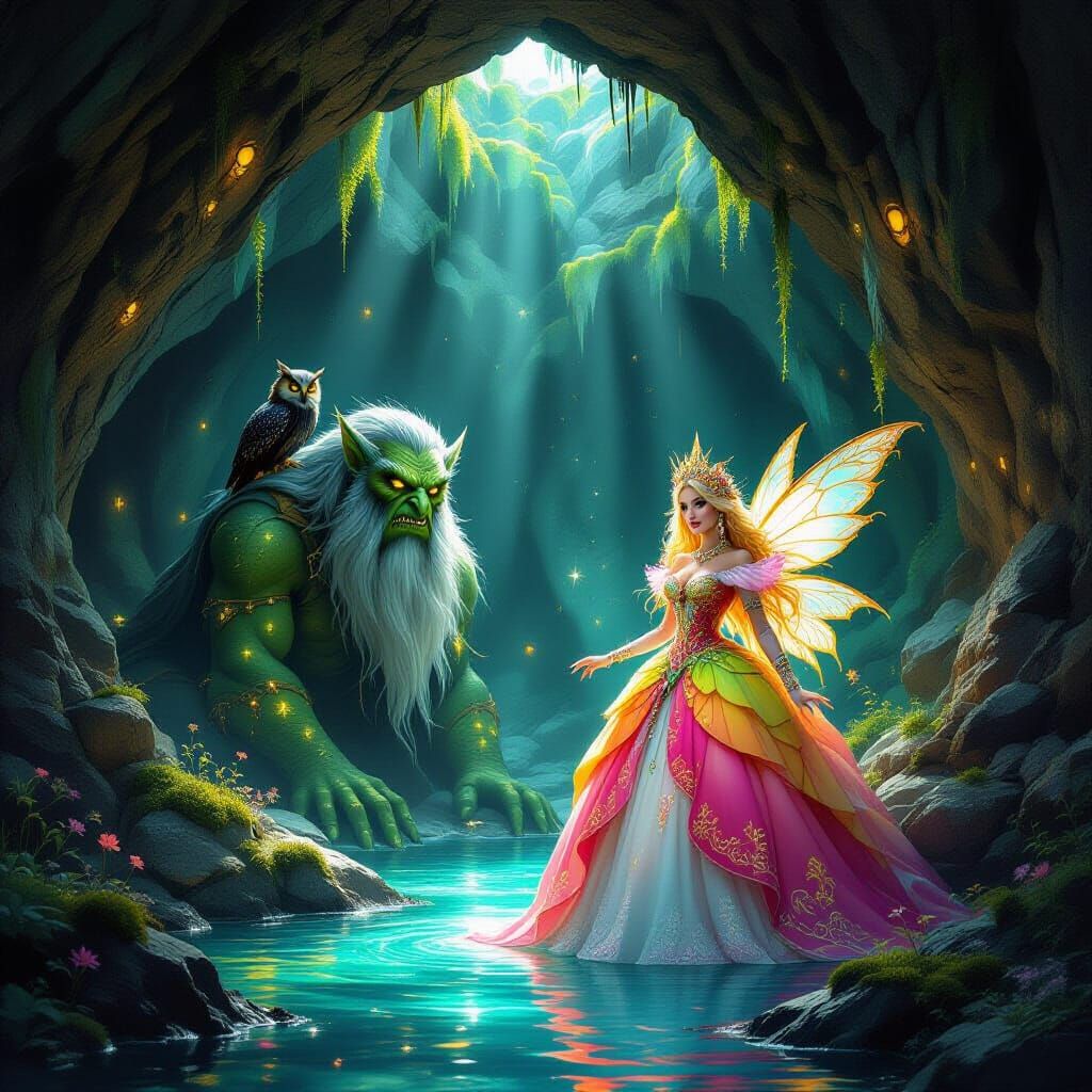 Fairy Princess Confronts Witch in Luminous Cave