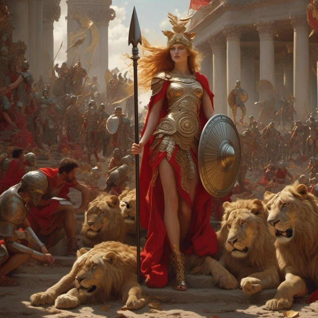 Greek Goddesses Athena, Hera, and Aphrodite in Ancient Attir...