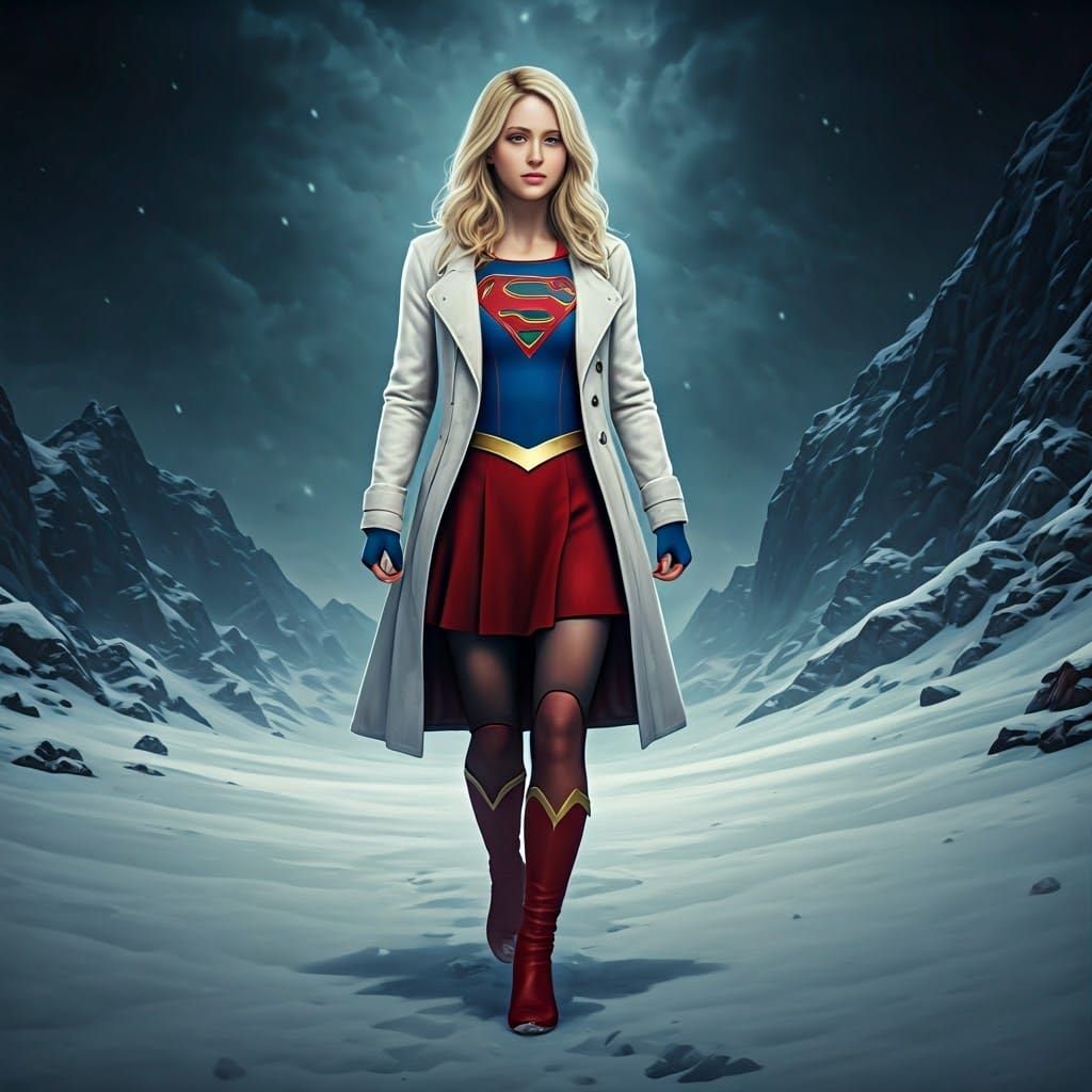 Fantasy Supergirl Walks on Winter Snow in Vivid Colors