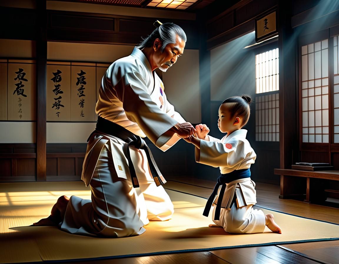 Karate Master Bowing to Toddler Apprentice