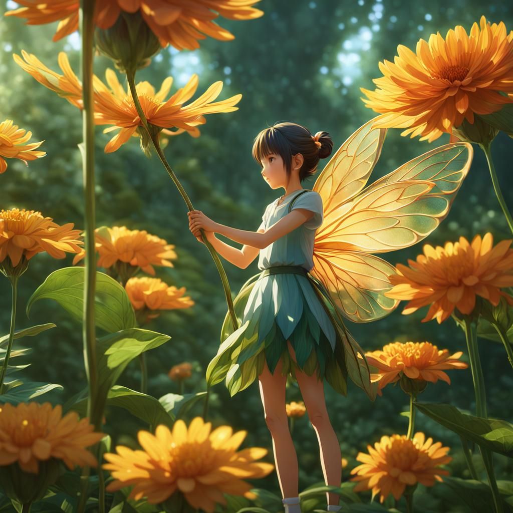Anime Fairy on Flower Leaf, Ghibli Style