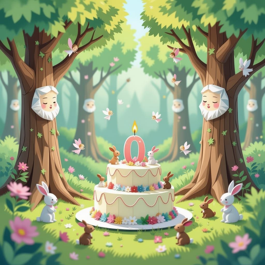Origami Forest Birthday Scene with Paper Fairies