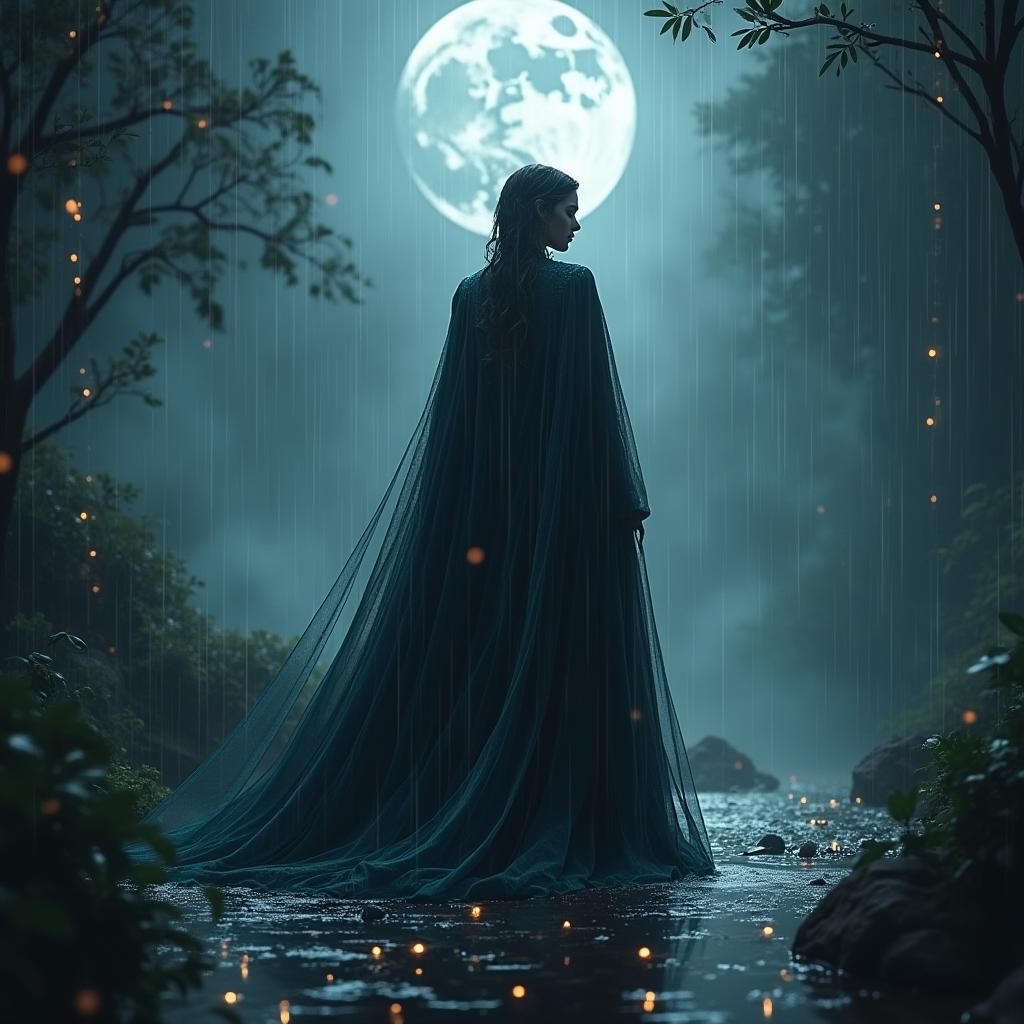 Ebony Woman in Rain, Fantasy Film Noir Art