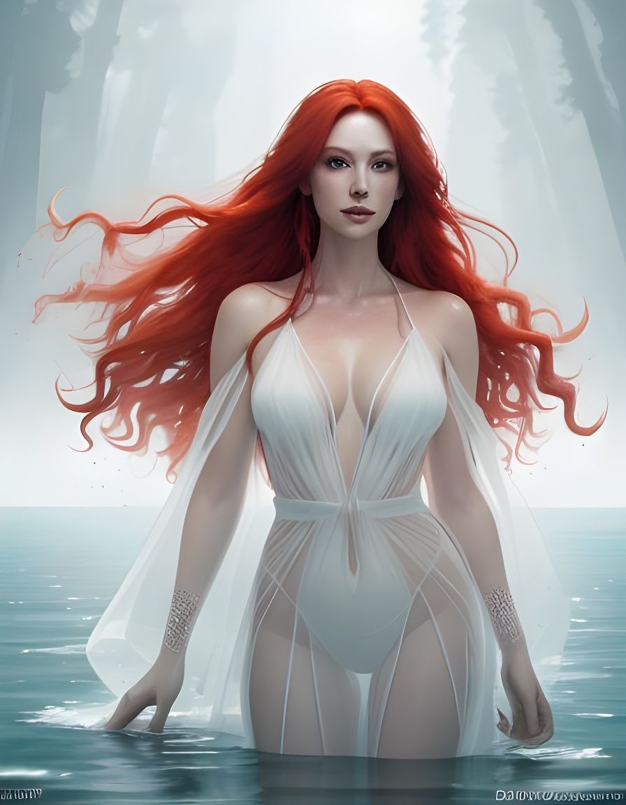 Woman with Red Hair in Crystal Lake: Watercolor