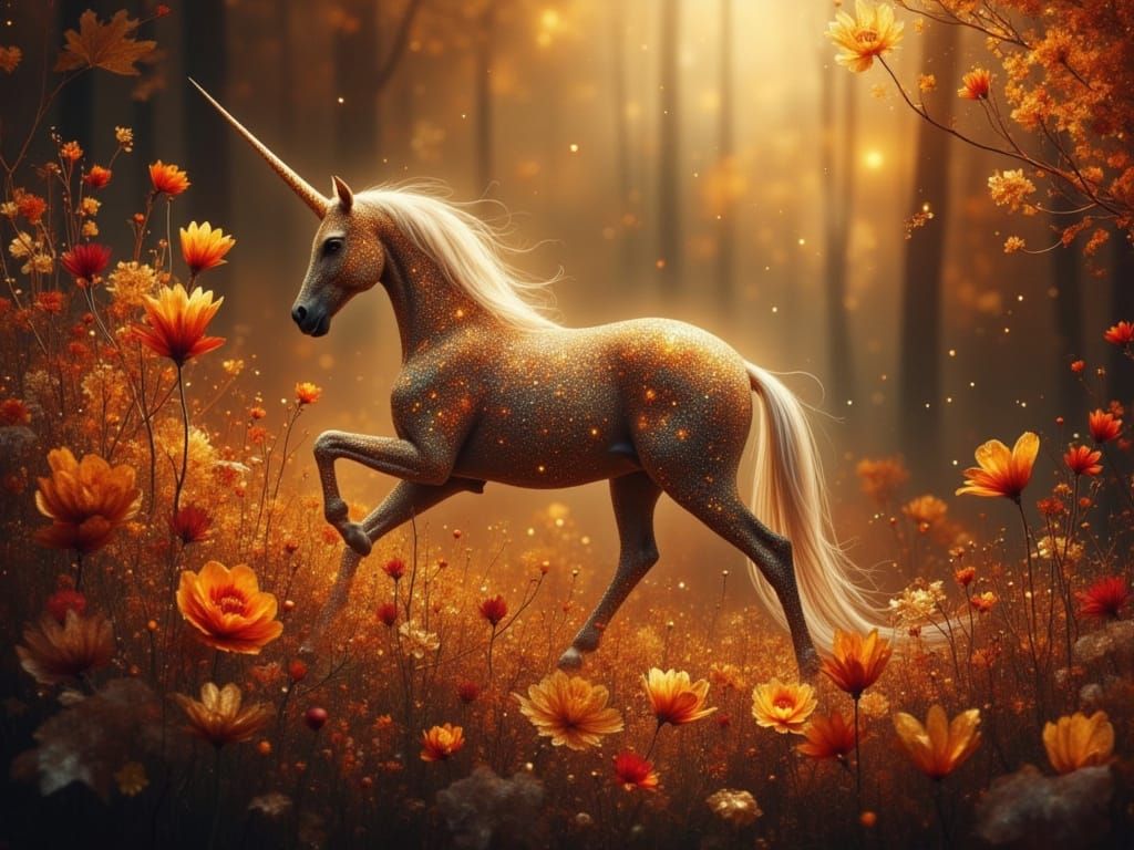 Unicorn in Glowing Autumn Forest | Ethereal Fantasy Art