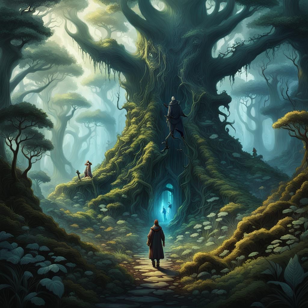 Enchanted Forest Spirits Encounter, Detailed Matte Painting