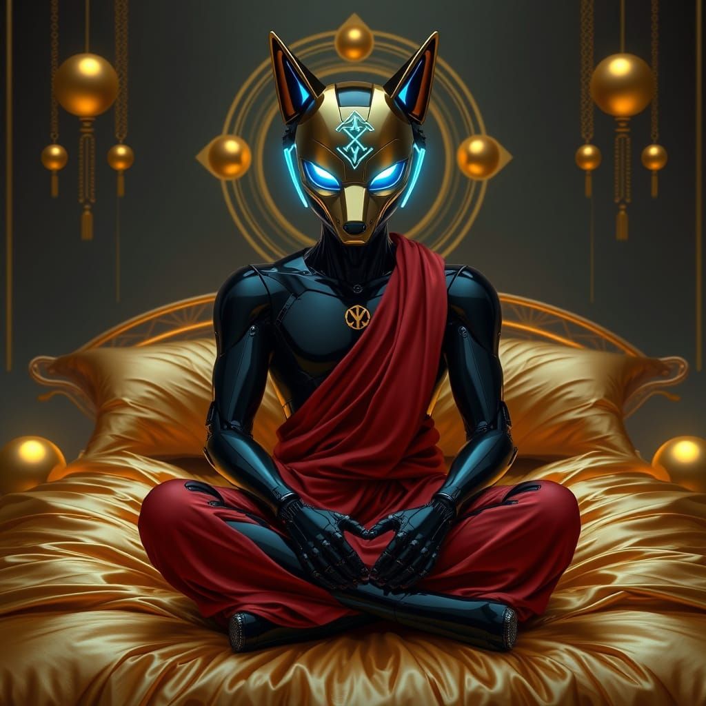 Cyberpunk Robot Monk God Contemplates in Golden Dreamscape