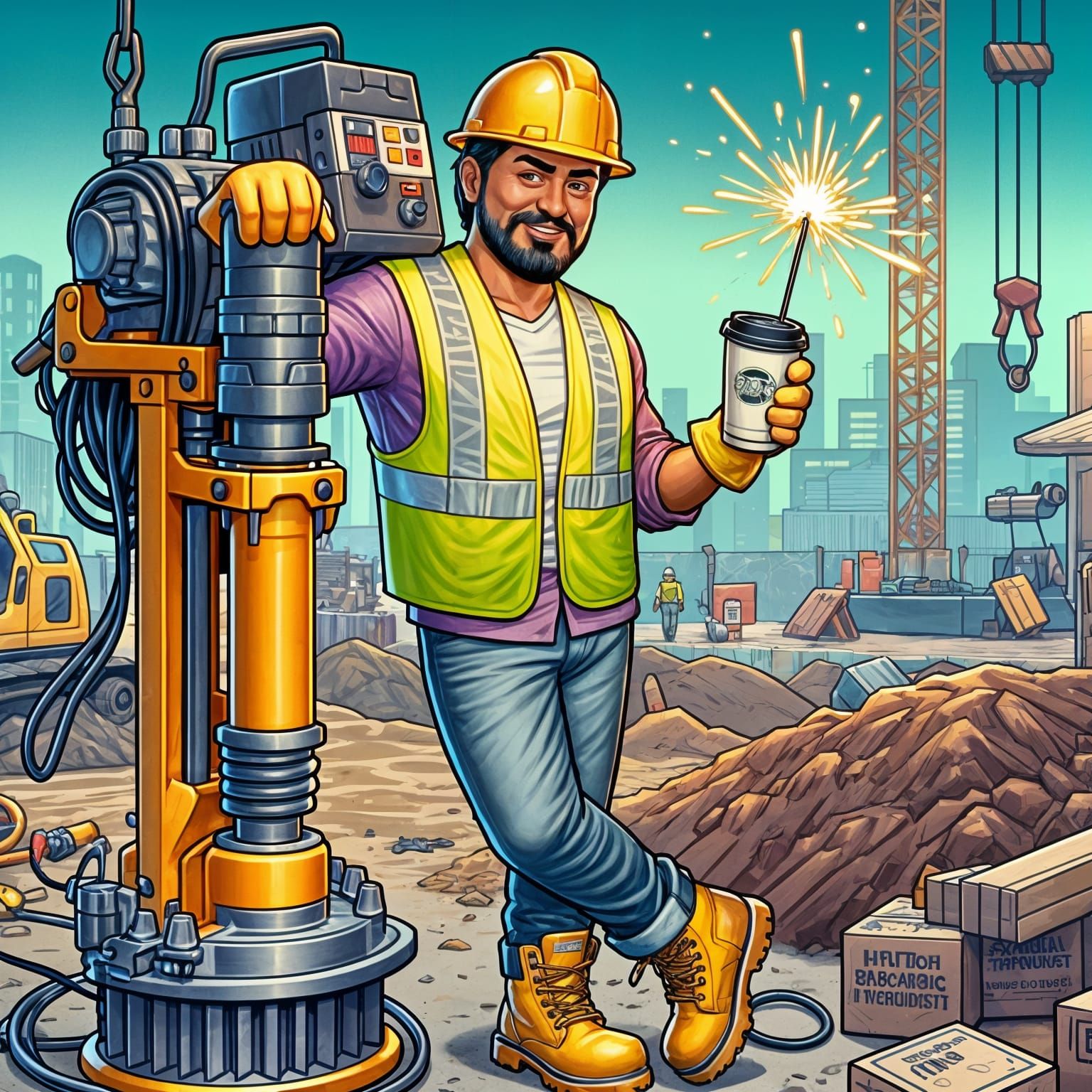 Cheery South Asian Worker Celebrates on Busy Construction Si...