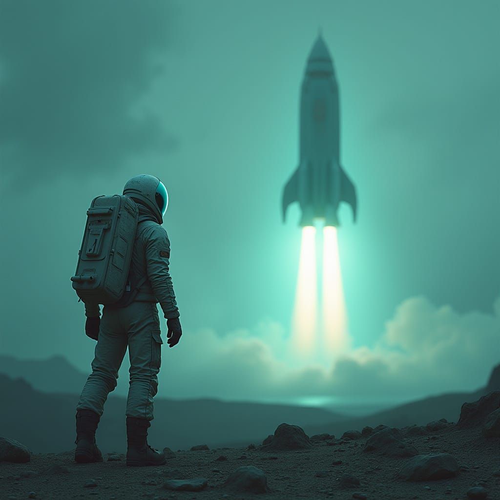Astronaut and Bioluminescent Rocket on Alien Planet