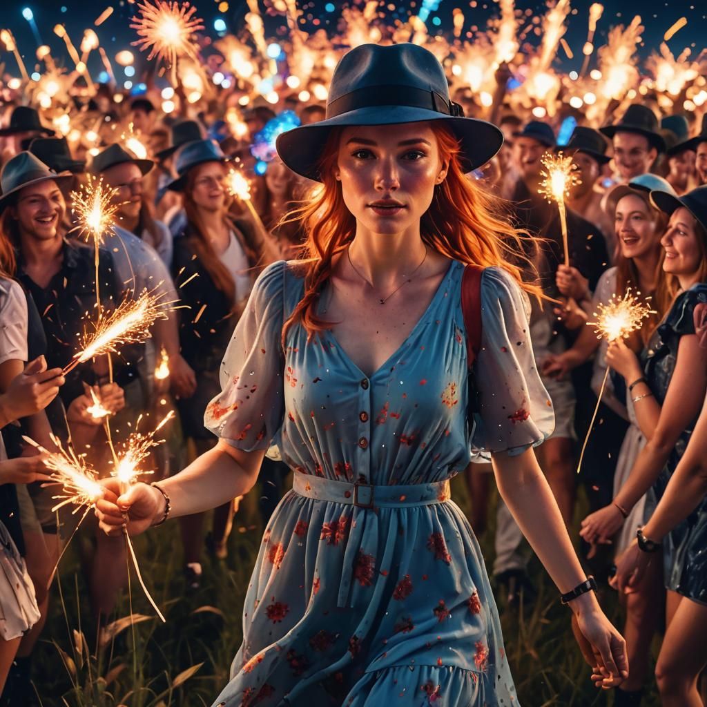 Woman with Glowstick in Fireworks Display