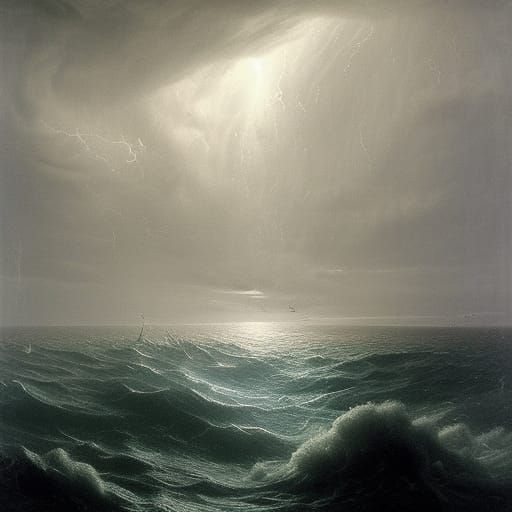 Stormy Sea with Lightning in Engraving Style