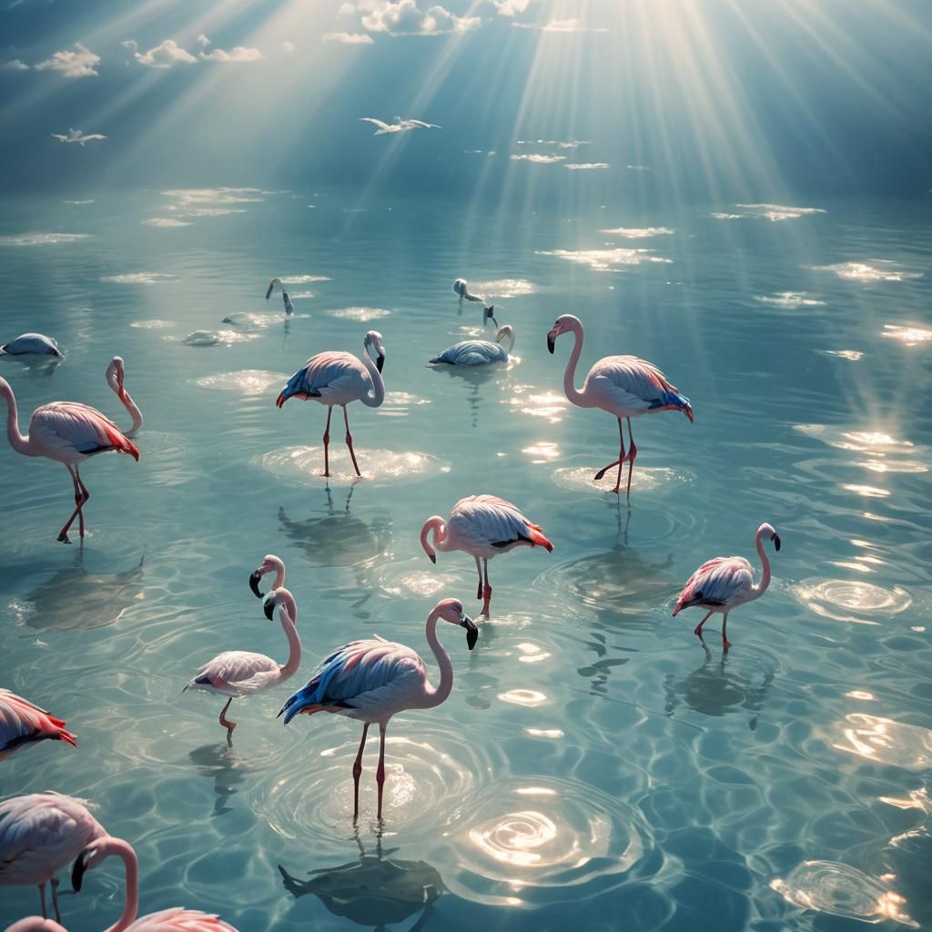 Blue Flamingos in Crystal Blue Water