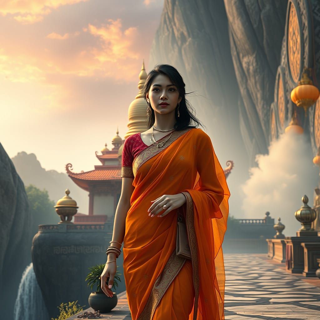 Ethereal Temple Goddess in Vibrant Orange Sari