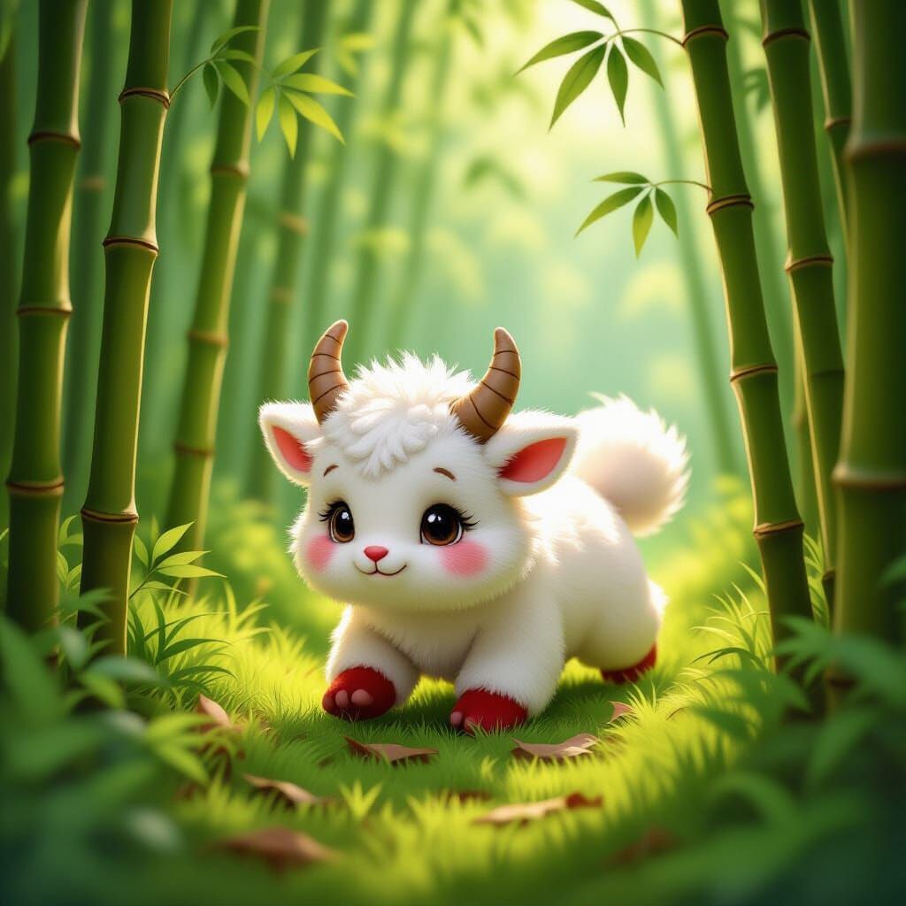 Cute Plush Animal Creeping in Bamboo Forest - Storybook Styl...